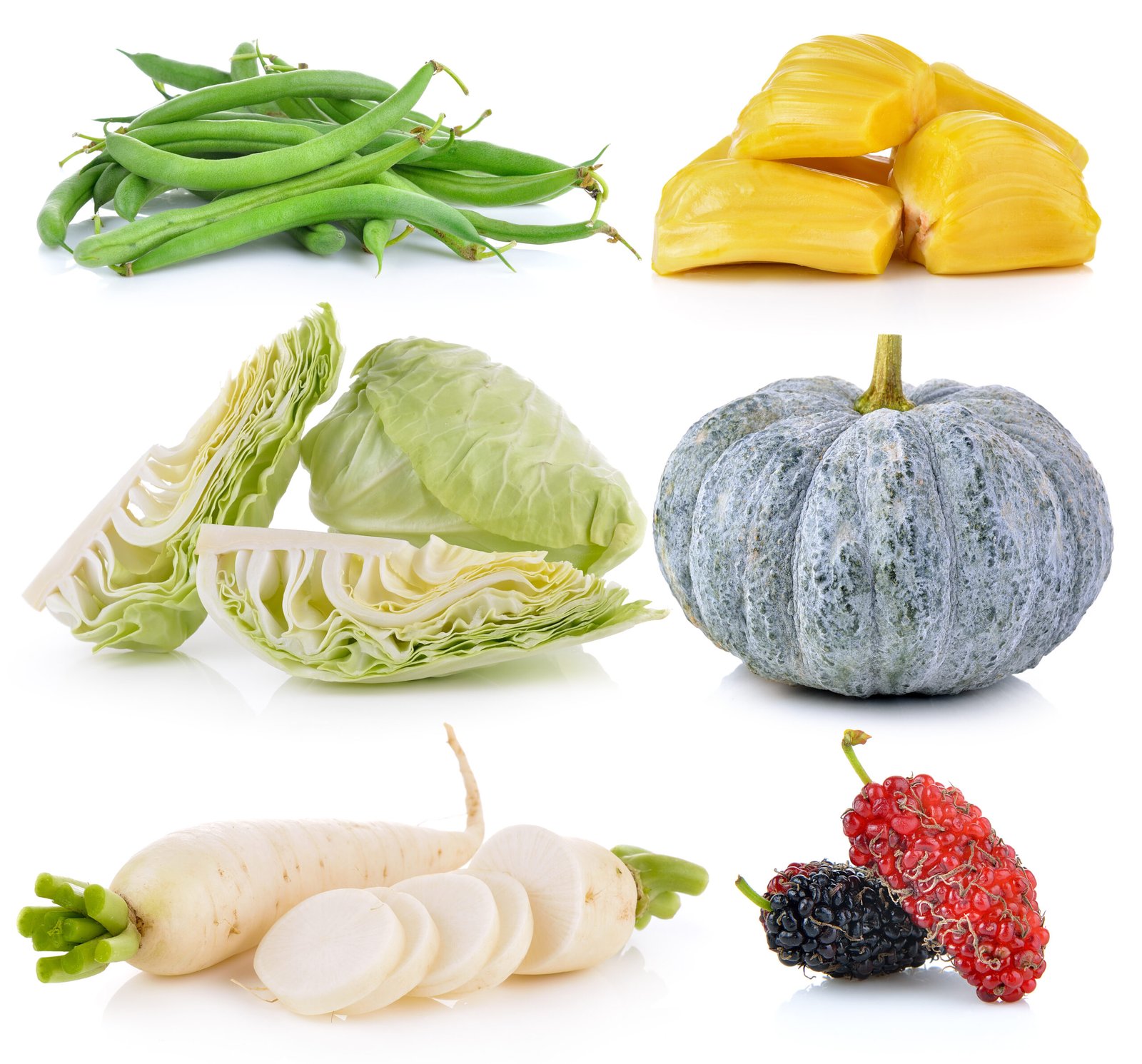 Daikon radishes, jack fruit, pumpkin, Mulberry, cabbage, Green beans on white background