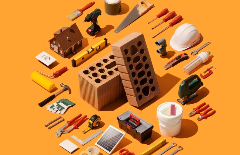 Home renovation, remodeling and DIY: bricks, isometric tools and equipment collection